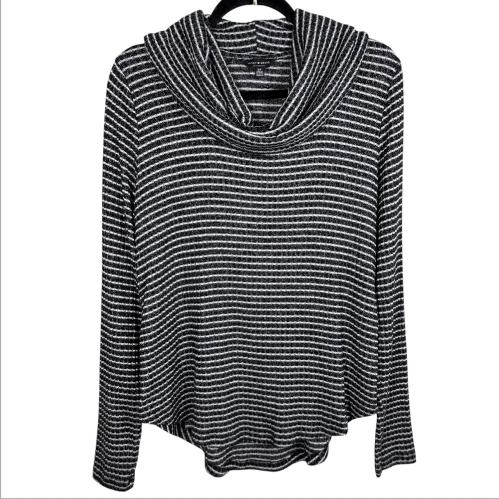 Lucky Brand Light Layer Transition Sweater Cowl Neck Striped Black White Small